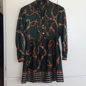 Zara Green Satin Chain Patterned Pleated Dress in Size S